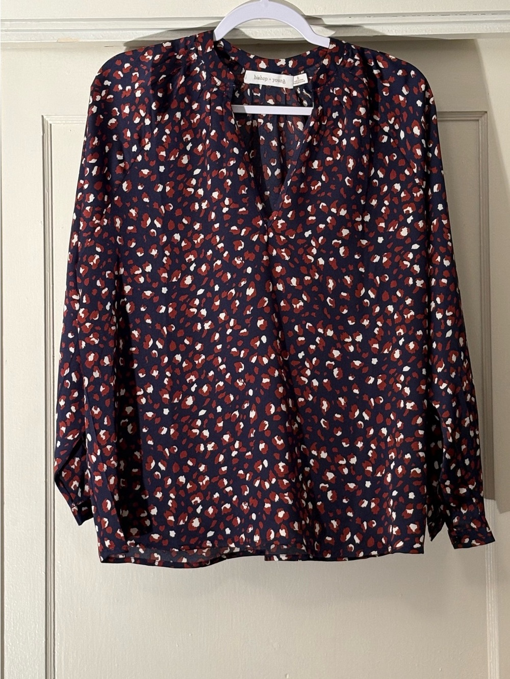 bishop + young navy blouse with brown and creme spot print